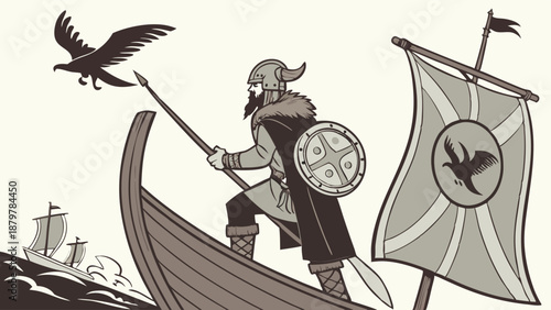 Determined Viking Warrior Leader Sailing Longship Fleet Historical Adventure Exploration Illustration Norse Mythology Strength and Conquest