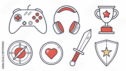 Line Art Gaming Icons Set Controller Trophy Sword Shield Heart UI UX Design Elements for Esports Streamer Interface and Gamification Marketing