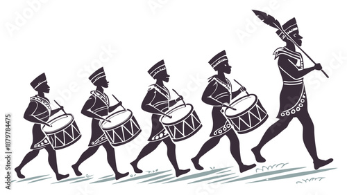 Rhythmic Parade Procession of Drummers Marching Forward Led by Leader in Traditional Uniform Silhouette Graphic Illustration