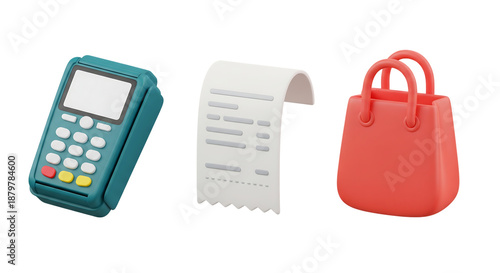 3D icon set for shopping and e-commerce: payment terminal, receipt, and shopping bag, isolated on transparent background
