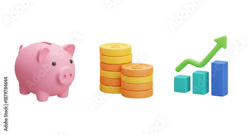 3D icon set for finance and banking: piggy bank, coins, and growth chart, isolated on transparent background