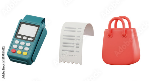 3D icon set for shopping and e-commerce: cart, receipt, and bag elements, isolated on transparent background
