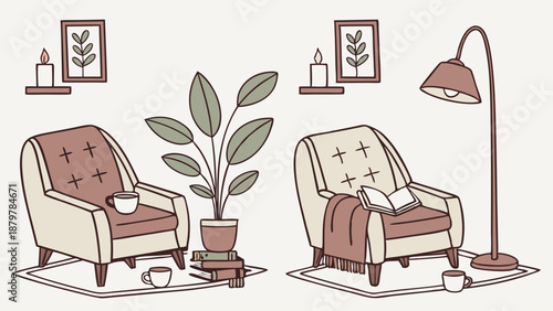 Cozy Reading Nook Vector Illustration Minimalist Hygge Home Interior Design With Comfortable Armchairs Potted Plant And Floor Lamp