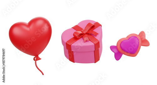 3D icon set for Valentine's Day: heart balloon, heart gift box, and candy heart, isolated on transparent background