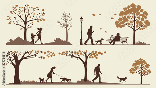 People Walking Dogs and Strolling in Autumn Park Silhouettes Set Fall Leisure Activities Outdoor Lifestyle Vector Illustration