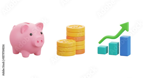 3D icon set for finance and banking: piggy bank, coins, and growth chart elements, isolated on transparent background