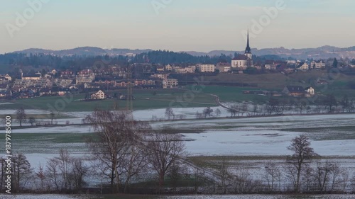 Switzerland countryside, small town view form aerial footage