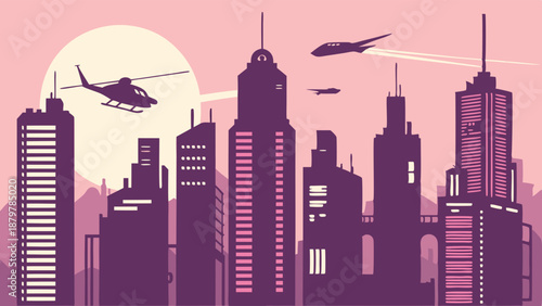 High Tech Futuristic City Skyline Silhouette Vector Illustration Dynamic Urban Transportation and Modern Skyscraper Architecture Background
