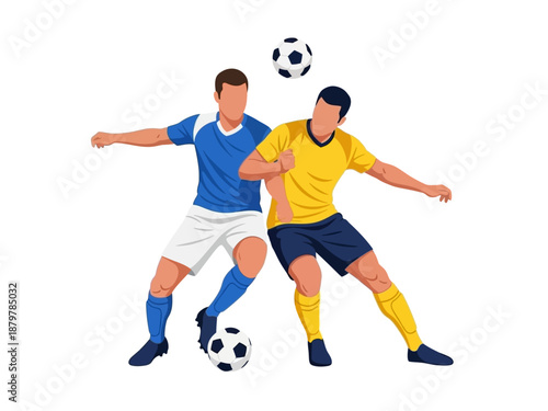 Flat vector illustration of two soccer players competing for the ball