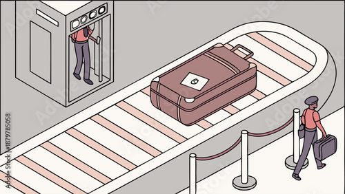 Airport Security Checkpoint Isometric Illustration Baggage Inspection Conveyor Belt Travel Logistics and Customs Staff Screening