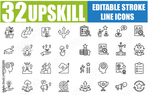 Set of Line Icons Related to Upskill, Upskilling, Personal Growth, Development, Education and Career - Outline Icon Collection with Editable Stroke Vector Illustration - SEO Optimized and Top Ranked o