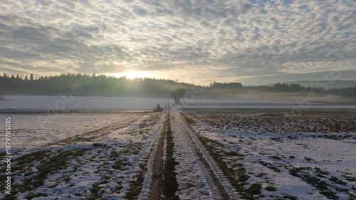 sunrise in the morning foggy view Switzerland countryside