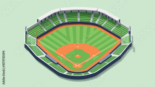 Overhead view of a baseball stadium with green seats and an orange and green baseball field on a light green background.