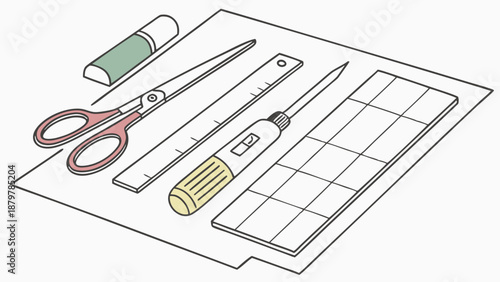 Precision Cutting and Drafting Tools Illustration Scissors Ruler Knife and Mat for Technical Design and DIY Hobby Projects