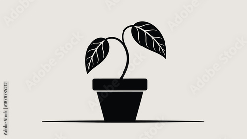 Minimalist black silhouette illustration of a potted plant with two leaves against a light background Vector