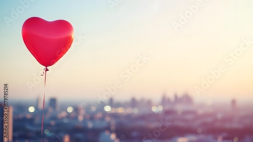 Single red heart balloon floating above a blurred city skyline, dreamy atmosphere, pastel color grading, romantic.
