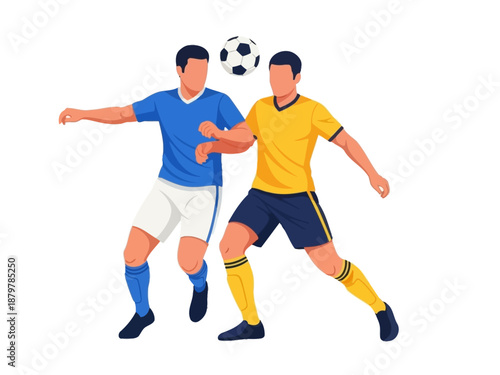 Flat vector illustration of two soccer players competing for the ball