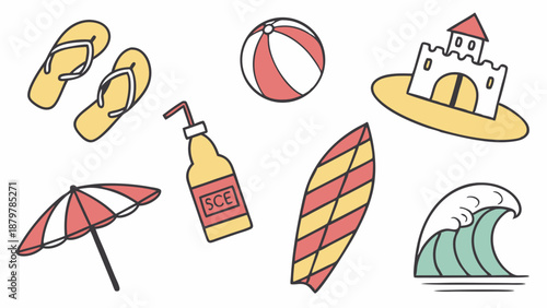 Summer Beach Vacation Doodle Icons Set. Hand Drawn Collection of Tropical Holiday Objects, Sandcastle, Surfboard, and Wave for Travel Marketing and Web Design.