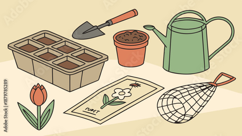 Spring Planting Tools and Supplies Illustration Seed Starter Kit Watering Can Trowel and Pot for Home Gardening Hobby
