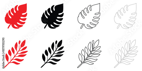 tropical leaf icon vector set, tropical leaves symbol vector, silhouette and line art
