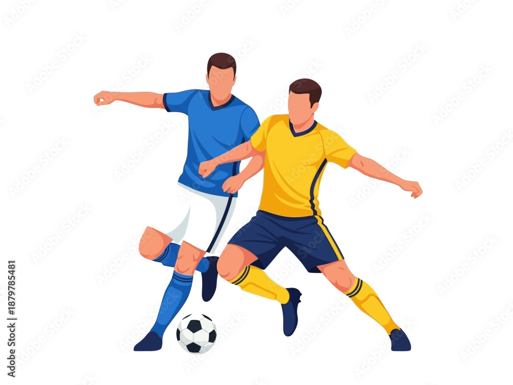 Obraz premium Flat vector illustration of two soccer players competing for the ball