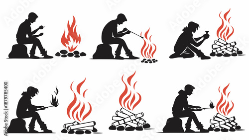Step by Step Guide to Building a Campfire Primitive Fire Starting Process Survival Skills Sequence Silhouette for Outdoor Education