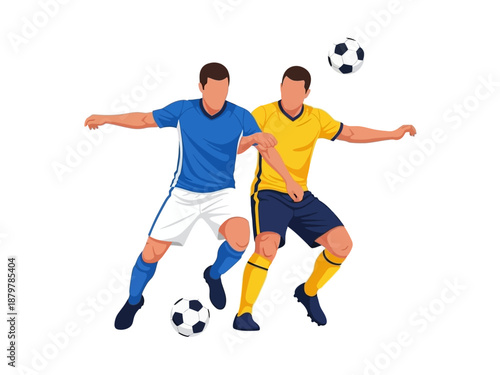 Flat vector illustration of two soccer players competing for the ball