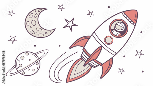 Hand Drawn Outline Rocket Ship Launching Into Space With Astronaut Pilot, Moon, and Planet. Whimsical Kids Adventure, Science, and Education Illustration.