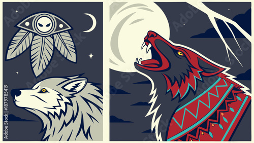 Aggressive Tribal Wolf Howling at Full Moon and Mystical Spirit Animal Totem Graphic Design for Merchandise Branding