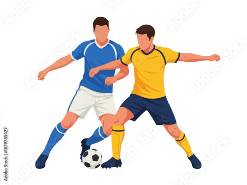 Flat vector illustration of two soccer players competing for the ball