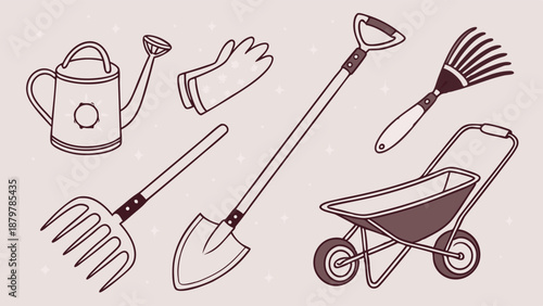 Outline Vector Set of Essential Gardening Tools Shovel Rake Wheelbarrow Watering Can And Gloves For Spring Planting And Horticulture Design