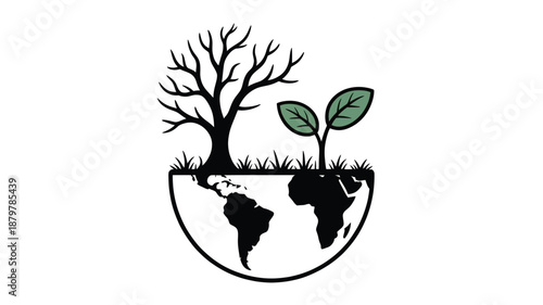 Earth's contrasting ecosystems: a barren tree and a vibrant new sprout symbolizing environmental change Vector