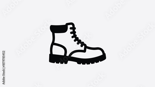 Simple black and white icon illustration of a sturdy hiking or work boot with laces. Vector