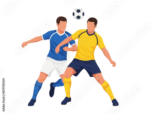 Flat vector illustration of two soccer players competing for the ball