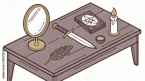 Isometric Illustration of Witchcraft Altar Setup with Grimoire Dagger Mirror and Candle for Fantasy Gaming and Esoteric Design