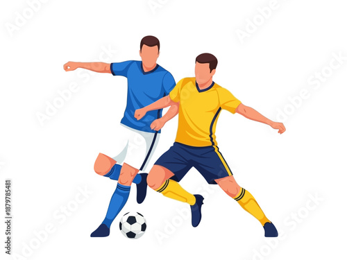 Flat vector illustration of two soccer players competing for the ball