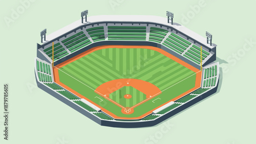 Overhead view of a green baseball field with orange markings and seating in a stadium with a light green background.