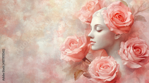 Serene woman portrait with pink roses and watercolor background, soft skin tones, floral headpiece, dreamy atmosphere, delicate petals, pastel texture, romantic mood