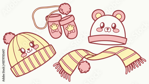 Cute Kawaii Winter Apparel Set Vector Illustration Cozy Bear Hat Mittens and Striped Scarf Graphic for Kids Fashion Design and Holiday Promotions