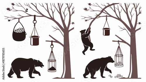 Hungry Bears Silhouettes Raiding Bird Feeders Vector Illustration Wildlife Safety Warning Graphic for Outdoor Education and Conservation