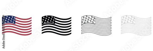 USA flag icon vector set, American flag USA flag design symbol vector, silhouette and line art