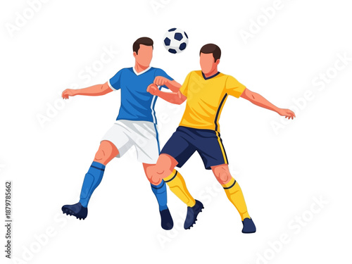 Flat vector illustration of two soccer players competing for the ball