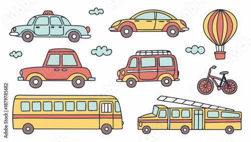 Cute City Transportation Vehicles Set Hand Drawn Doodle Outline Illustration Bus Taxi Fire Truck Bicycle for Travel Infographics and Web Design
