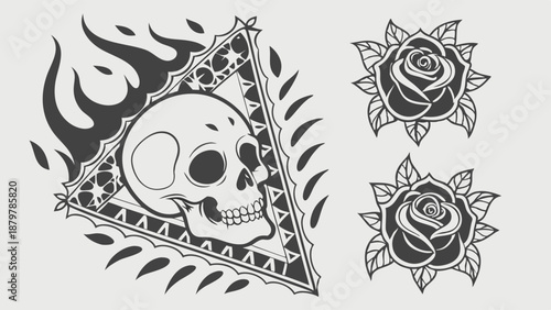 Burning Skull and Rose Traditional Tattoo Flash Set Dark Gothic Monochrome Vector Illustration for Edgy Apparel and Merchandise