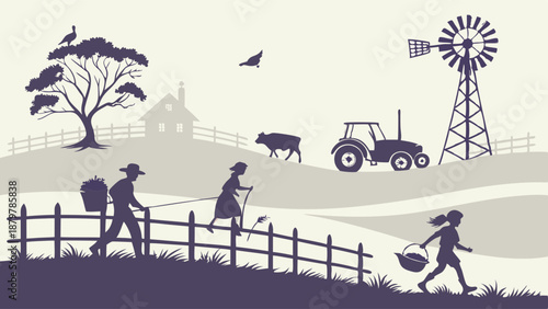 Rural Farm Life Silhouette Illustration Family Working on Rolling Hills with Tractor Windmill and Livestock Agriculture Scene