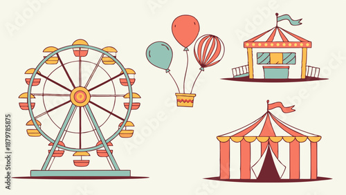Festive Carnival Fairground Attractions Vector Set Ferris Wheel Circus Tent Balloons and Game Booth Icons for Event Marketing and Web Design