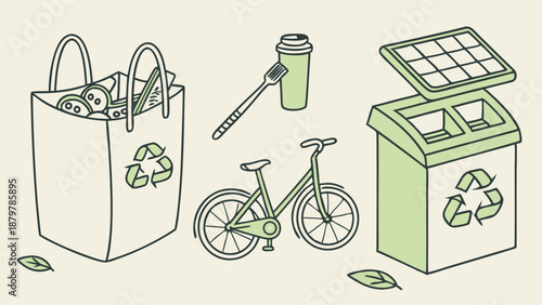Minimalist Green Ecology Illustration Sustainable Living Icons Zero Waste Recycling and Eco Friendly Transportation Design