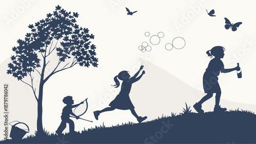 Joyful Kids Playing Outdoors Running Up Hill Chasing Bubbles and Butterflies Summer Silhouette Vector Illustration