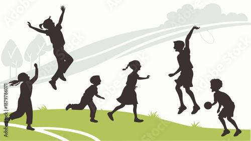 Happy Children Silhouettes Jumping Running and Playing Games Outdoors Active Lifestyle and Childhood Fun Vector Illustration