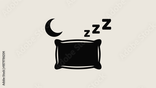 A minimalist black icon representing peaceful sleep with a pillow, moon, and zzz symbols Vector